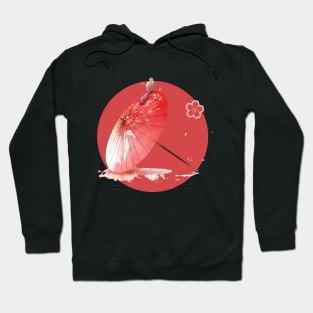 Japanese Artwork, Red Moon With Japanese umbrella Hoodie